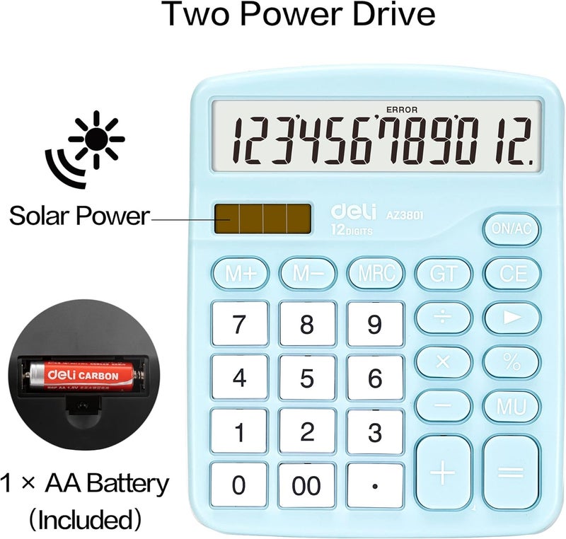 Deli Calculator, Standard Function Desktop Calculators with 12 Digit Large LCD Display and Sensitive Button, Solar Battery Dual Power Office Calculator, Blue - Image 4